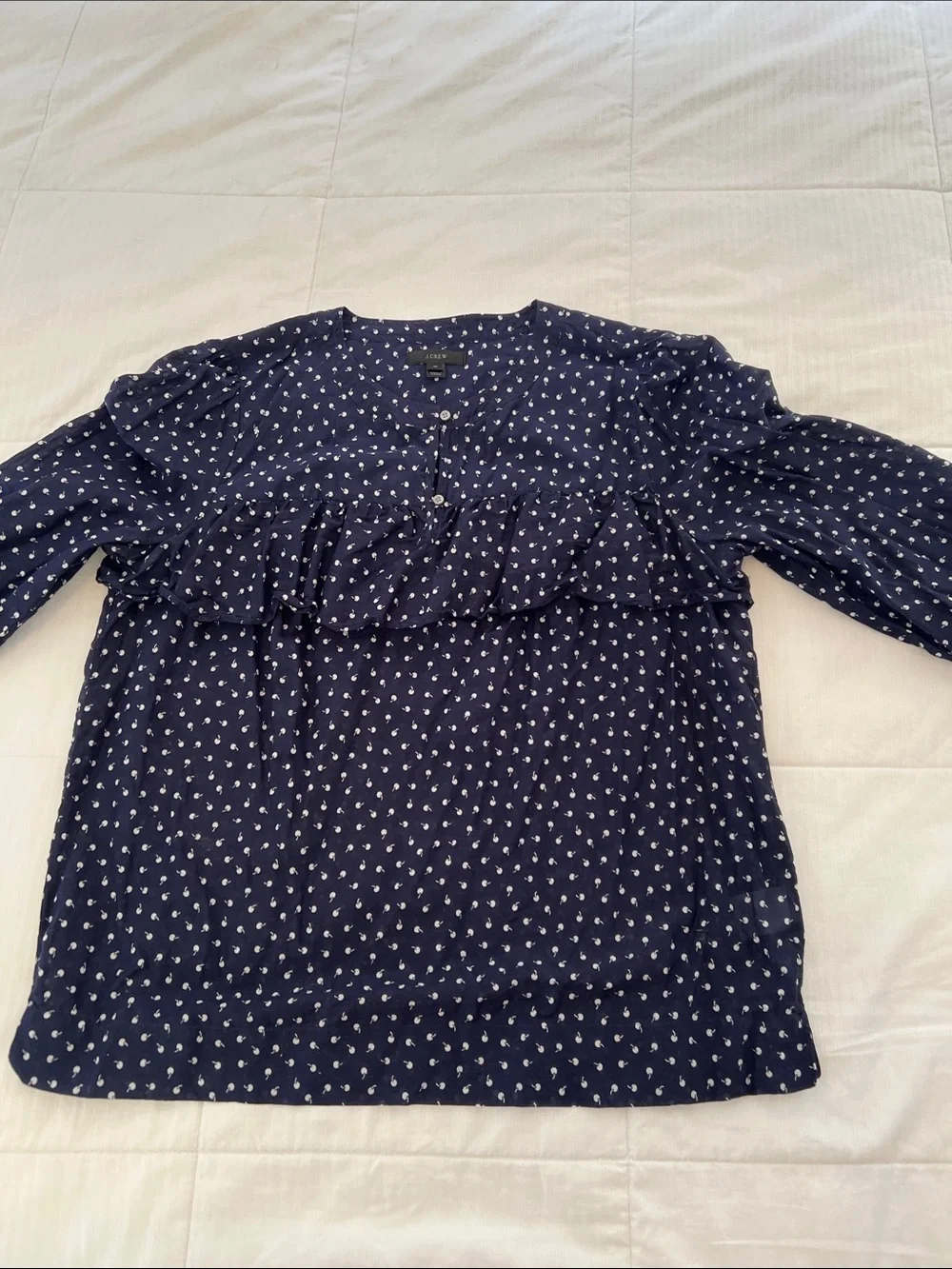 J. Crew Navy Blue Ruffle Front Blouse with White Cherry Print- slightly sheer - Picture 1 of 8